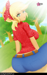 Size: 791x1261 | Tagged: safe, artist:clouddg, applejack, equestria girls, five to nine, g4, my little pony equestria girls: better together, applebutt, ass, bandana, breasts, busty applejack, butt, clothes, crepuscular rays, female, looking at you, looking back, looking back at you, open mouth, pants, sexy, sideboob, signature, sitting, solo, thick