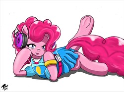 Size: 11485x8546 | Tagged: safe, artist:radiancebreaker, pinkie pie, earth pony, pony, g4, absurd resolution, clothes, dress, female, headphones, mare, prone, simple background, skirt, solo, white background
