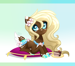 Size: 1399x1240 | Tagged: safe, artist:sugaryicecreammlp, oc, oc only, oc:spring flora, deer, deer pony, original species, pond pony, cloven hooves, female, pillow, prone, solo