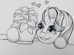 Size: 3162x2353 | Tagged: safe, artist:lightisanasshole, phyllis, starlight glimmer, pony, unicorn, g4, affection, big eyes, curved horn, female, grin, heart, heart eyes, high res, horn, hug, inktober, mare, marker drawing, monochrome, phylliglimmer, sentimental value, shiny eyes, smiling, solo, table, traditional art, wingding eyes