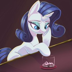 Size: 680x680 | Tagged: safe, artist:ask-colorsound, rarity, pony, unicorn, g4, bar, female, glass, ice, lidded eyes, mare, sitting, solo, worried