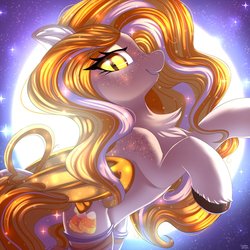 Size: 1024x1024 | Tagged: safe, artist:ask-colorsound, oc, oc only, bat pony, pony, bat pony oc, chest fluff, ear fluff, female, freckles, moon, solo, sparkles, yellow eyes