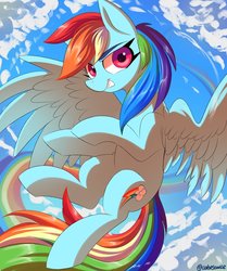 Size: 856x1024 | Tagged: safe, artist:ask-colorsound, rainbow dash, pegasus, pony, g4, cloud, female, looking at you, rainbow, sky, solo