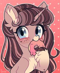Size: 1044x1260 | Tagged: safe, artist:vensual99, oc, oc only, pony, unicorn, blue eyes, chest fluff, donut, ear fluff, eating, female, food, freckles, heart, hoof fluff, pale belly, simple background