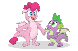 Size: 3616x2365 | Tagged: safe, artist:rupert, pinkie pie, spike, dragon, g4, crossed arms, cute, cute little fangs, diapinkes, dragonified, fangs, happy, high res, pinkiedragon, species swap, transformation, winged spike, wings