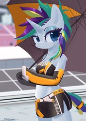 Size: 1414x2000 | Tagged: safe, artist:satv12, rarity, unicorn, anthro, semi-anthro, alternate hairstyle, arm hooves, armored core, beautiful, belly button, belt, blue eyes, breasts, clothes, female, mare, midriff, miniskirt, punk, race queen, raripunk, side slit, skirt, umbrella