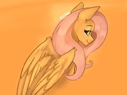 Size: 1024x768 | Tagged: safe, artist:siripim111, fluttershy, pegasus, pony, g4, bedroom eyes, female, looking at you, looking back, looking back at you, mare, orange background, smiling, solo