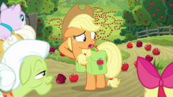 Size: 1920x1080 | Tagged: safe, screencap, apple bloom, applejack, goldie delicious, cat, g4, going to seed, apple, apple tree, fence, saddle bag, scenery, tree