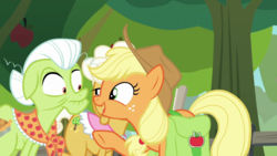 Size: 1920x1080 | Tagged: safe, screencap, applejack, goldie delicious, granny smith, earth pony, pony, g4, going to seed, apple, apple tree, saddle bag, tree