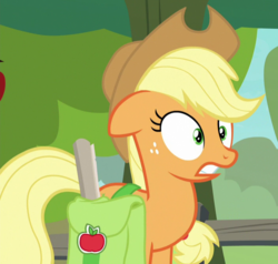 Size: 704x670 | Tagged: safe, screencap, applejack, earth pony, pony, g4, going to seed, apple, apple tree, cropped, female, floppy ears, freckles, mare, saddle bag, solo, tree