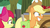 Size: 1280x720 | Tagged: safe, screencap, apple bloom, applejack, earth pony, pony, g4, going to seed, apple, apple tree, applejack's hat, barrel, bow, cart, cowboy hat, creepy, creepy smile, disturbed, duo, female, fence, filly, foal, freckles, frown, grin, hair bow, hat, mare, ponytail, saddle bag, shrunken pupils, siblings, sisters, smiling, stetson, tree