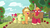 Size: 1280x720 | Tagged: safe, screencap, apple bloom, applejack, big macintosh, g4, going to seed, apple, apple tree, cart, fence, food, messy mane, saddle bag, tree, wagon