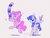 Size: 1200x900 | Tagged: safe, artist:poneko-chan, pinkie pie, rarity, earth pony, pony, unicorn, g4, bipedal, bouncing, duo, duo female, ears back, female, food, hopping, ice cream, ice cream cone, levitation, magic, mare, music notes, raised hoof, simple background, smiling, telekinesis, white background, wondering