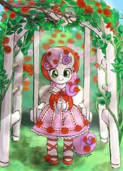 Size: 752x1050 | Tagged: safe, artist:puri__kyua, sweetie belle, unicorn, anthro, g4, bow, clothes, cute, diasweetes, dress, female, flower, flower in hair, garden, hat, leaves, lolita fashion, smiling, solo