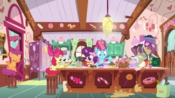 Size: 1920x1080 | Tagged: safe, screencap, apple bloom, cup cake, scootaloo, sugar belle, sweetie belle, earth pony, pony, g4, the big mac question, batter, bowl, candy, cutie mark crusaders, flour, food, lollipop, magic, quill, strawberry