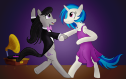 Size: 2680x1680 | Tagged: safe, artist:sixes&sevens, dj pon-3, octavia melody, vinyl scratch, pony, g4, bowtie, clothes, dancing, dress, duo, female, holding hooves, inktober, inktober 2019, jewelry, lesbian, missing accessory, necklace, phonograph, ship:scratchtavia, shipping, suit