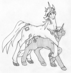 Size: 1981x2027 | Tagged: safe, artist:siegfriednox, oc, oc only, oc:cold casting, oc:eclipse starwind, pony, unicorn, behaving like a cat, female, grayscale, monochrome, size difference, surprised, traditional art