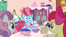 Size: 1920x1080 | Tagged: safe, screencap, apple bloom, cup cake, sweetie belle, earth pony, pony, g4, the big mac question, adorabloom, apron, bags under eyes, baking, batter, bow, clothes, cute, diasweetes, female, filly, foal, food, hair bow, hoof hold, kitchen, raised eyebrow, trio