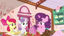 Size: 1920x1080 | Tagged: safe, screencap, apple bloom, sugar belle, sweetie belle, pony, g4, the big mac question, chocolate, food, paper, strawberry
