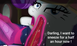 Size: 790x480 | Tagged: safe, edit, edited screencap, screencap, rarity, pony, unicorn, g4, gauntlet of fire, darling, desperation, duo, gasp, lidded eyes, pre sneeze, quill, scrunched muzzle, sneezing, text