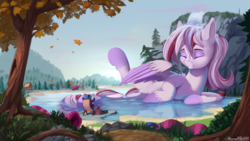 Size: 1920x1080 | Tagged: safe, artist:discordthege, oc, oc only, oc:windbreaker, pegasus, pony, bathing, beach chair, belly, chair, commission, crossover, duo, eyes closed, female, forest, giant pony, giantess, grin, lake, lying down, macro, mare, newspaper, on side, scenery, smiling, waterfall, wet mane
