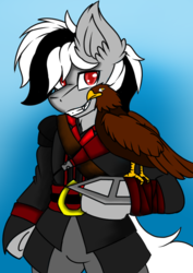 Size: 595x842 | Tagged: safe, artist:glacialpain, oc, oc only, oc:stormdancer, bat pony, bird, eagle, assassin's creed, bat pony oc, bipedal, clothes, fangs, master assassin, smiling