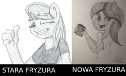 Size: 1624x982 | Tagged: safe, artist:cypisek95, oc, oc only, oc:light flash, earth pony, anthro, camera, female, grin, not octavia, one eye closed, open mouth, polish, simple background, smiling, solo, traditional art, white background
