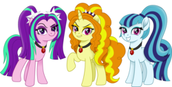 Size: 1500x763 | Tagged: safe, artist:cloudy glow, adagio dazzle, aria blaze, sonata dusk, earth pony, pony, unicorn, g4, digital art, equestria girls ponified, evil grin, female, gem, grin, mare, movie accurate, ponified, simple background, siren gem, smiling, the dazzlings, transparent background