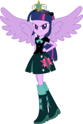 Size: 733x1089 | Tagged: safe, twilight sparkle, oc, oc:twivine sparkle, alicorn, equestria girls, g4, boots, clothes, crown, cutie mark, female, high heel boots, jewelry, miniskirt, pleated skirt, regalia, shoes, simple background, skirt, smiling, solo, transparent background, twilight sparkle (alicorn), wings