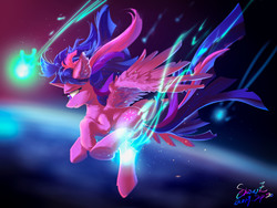 Size: 8000x6000 | Tagged: safe, artist:coldrivez, twilight sparkle, alicorn, pony, g4, absurd resolution, blurry background, chest fluff, ear fluff, earth, falling, female, fluffy, leg fluff, mare, profile, solo, space, twilight sparkle (alicorn)