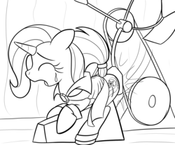 Size: 2400x2000 | Tagged: safe, artist:cybersquirrel, trixie, pony, unicorn, g4, abuse, black and white, bondage, cape, clothes, crying, eyes closed, female, femsub, grayscale, hatless, high res, inktober, lineart, missing accessory, monochrome, open mouth, reddened butt, simple background, spanking, spanking machine, submissive, tail holder, tears of pain, the weak and powerless trixie, trixie's cape, trixiebuse, trixsub, white background