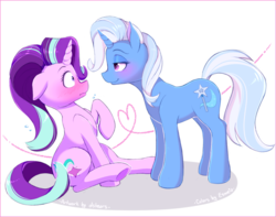 Size: 964x760 | Tagged: safe, artist:dstears, starlight glimmer, trixie, pony, unicorn, g4, blushing, eye contact, female, heart, lesbian, looking at each other, mare, ship:startrix, shipping, simple background, white background