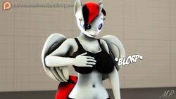 Size: 2560x1440 | Tagged: safe, artist:marshmallow-pone, oc, oc:vani, alicorn, anthro, 3d, anthro oc, armpits, belly button, big breasts, breast expansion, breasts, clothes, growth, midriff, onomatopoeia, source filmmaker, sports bra