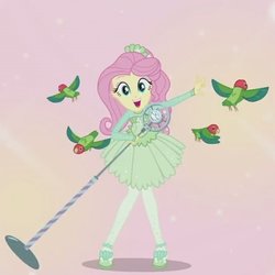 Size: 560x560 | Tagged: safe, screencap, fluttershy, bird, equestria girls, g4, my little pony equestria girls: better together, so much more to me, clothes, cropped, cute, dress, female, flying, microphone, shyabetes, solo