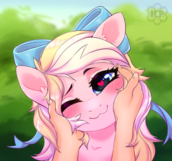 Size: 2136x2000 | Tagged: safe, artist:honey_pony, oc, oc only, oc:bay breeze, human, pegasus, pony, blushing, bow, chest fluff, cute, ear fluff, female, hair bow, heart eyes, high res, looking at you, loving gaze, male, male pov, mare, ocbetes, offscreen character, petting, pov, weapons-grade cute, wingding eyes