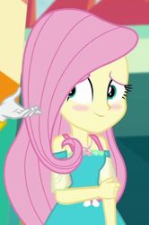 Size: 474x715 | Tagged: safe, screencap, fluttershy, rarity, equestria girls, g4, blushing, cropped, female, geode of fauna, magical geodes, offscreen character, photo, solo focus