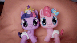 Size: 800x450 | Tagged: safe, pinkie pie, rainbow dash, twilight sparkle, alicorn, pony, g4, my little pony: the movie, official, rainbow roadtrip, animated, baby, baby pie, babylight sparkle, big crown thingy, blanket, bow, cute, daaaaaaaaaaaw, diaper, diapinkes, element of magic, gif, hasbro is trying to murder us, irl, jewelry, merchandise, my little pony play alongs, photo, regalia, sleeping, toy, twiabetes, twilight sparkle (alicorn), youtube link