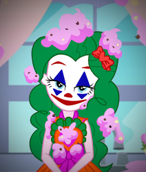 Size: 847x1000 | Tagged: safe, edit, edited screencap, screencap, pinkie pie, equestria girls, equestria girls series, g4, the craft of cookies, spoiler:eqg series (season 2), bedroom eyes, cropped, crossover, female, joker (2019), looking at you, paint tool sai, parody, pinkie joker, recolor, ribbon, smiling, solo, the joker, user meltdown in the comments, vignette, window