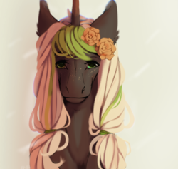 Size: 1627x1540 | Tagged: safe, artist:vatman, oc, oc only, oc:xyla, pony, unicorn, bust, flower, flower in hair, freckles, gradient horn, hoers, horn, looking at you, pigtails, portrait, simple background, solo