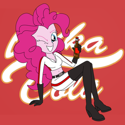 Size: 1600x1600 | Tagged: safe, artist:blondenobody, derpibooru exclusive, pinkie pie, equestria girls, g4, alternate clothes, belly button, bottle, clothes, crossover, fallout, fanfic art, female, gloves, midriff, nuka cola, nuka girl, one eye closed, smiling, socks, solo, thigh highs, wink