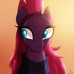 Size: 3840x3840 | Tagged: safe, artist:zidanemina, fizzlepop berrytwist, tempest shadow, pony, unicorn, g4, alternate hairstyle, beautiful, broken horn, cute, eye scar, female, high res, horn, long hair, long mane, looking sideways, mare, scar, signature, smiling, solo, sunset, tempestbetes