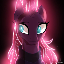 Size: 3840x3840 | Tagged: safe, alternate version, artist:zidanemina, tempest shadow, pony, unicorn, g4, alternate hairstyle, armor, black background, broken horn, eye scar, female, high res, horn, looking sideways, mare, neon, neon colors, scar, signature, simple background, solo