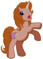 Size: 1106x1500 | Tagged: safe, alternate version, artist:knadire, oc, oc only, oc:cell shader, pony, unicorn, a very minty christmas, a very pony place, g3, the princess promenade, the runaway rainbow, artist, background removed, bipedal, brown eyes, brown mane, cel shading, female, film reel, mare, paintbrush, rearing, shading, simple background, solo, surprised, transparent background