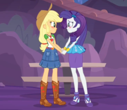 Size: 500x435 | Tagged: safe, screencap, applejack, rarity, equestria girls, equestria girls specials, g4, my little pony equestria girls: better together, my little pony equestria girls: rollercoaster of friendship, applejack's hat, belt, blushing, clothes, cowboy hat, cropped, denim skirt, female, geode of shielding, geode of super strength, hat, high heels, holding hands, magical geodes, pencil skirt, photo, rarity peplum dress, shipping fuel, shoes, skirt, stetson