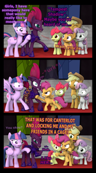 Size: 1828x3278 | Tagged: safe, artist:pika-robo, apple bloom, applejack, fizzlepop berrytwist, scootaloo, sweetie belle, tempest shadow, twilight sparkle, alicorn, earth pony, pegasus, pony, unicorn, g4, my little pony: the movie, 3 panel comic, 3d, angry, callback, comic, cutie mark crusaders, descriptive noise, female, filly, good sport, grudge, holding back, justifiably mad, karma, meeting, orange text, parody, punch, purple text, reality ensues, scene parody, source filmmaker, tempestbuse, thor the dark world, treason, twilight sparkle (alicorn)