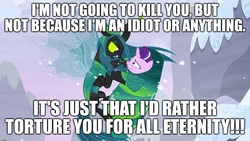 Size: 1920x1080 | Tagged: safe, edit, edited screencap, screencap, queen chrysalis, starlight glimmer, g4, the ending of the end, caption, cocoon, evil, excessive exclamation marks, image macro, implied torture, text, ultimate chrysalis
