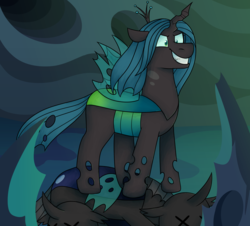 Size: 1615x1458 | Tagged: safe, artist:kindheart525, artist:unicorngutz, queen chrysalis, changeling, changeling queen, g4, female, wingding eyes, x eyes
