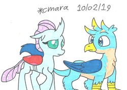 Size: 1108x783 | Tagged: safe, artist:cmara, gallus, ocellus, changedling, changeling, griffon, g4, female, looking at each other, male, ship:luslus, shipping, straight, traditional art
