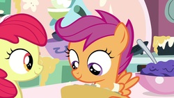 Size: 1920x1080 | Tagged: safe, screencap, apple bloom, scootaloo, earth pony, pegasus, pony, g4, the big mac question, bowl, female, filly, foal, looking down, smiling, spread wings, wings