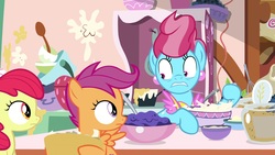 Size: 1920x1080 | Tagged: safe, screencap, apple bloom, cup cake, scootaloo, earth pony, pony, g4, the big mac question, batter, food